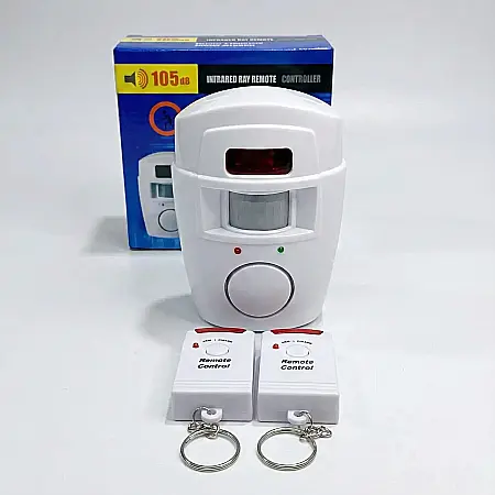 Electronice - Alarmă Wireless cu Senzor PIR și 2 Telecomenzi – Sirenă 105 dB, Detecție Mișcare 5–7 m, Unghi 110°, Temporizator și Montaj Fără Cabluri: Securitate Instantanee pentru Casă, Garaj sau Magazin