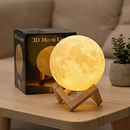 Electronice - Lampă 3D Lună Moon cu Umidificator și Difuzor Aromaterapie – 3-în-1, Control Tactil, 3 Culori LED, Rezervor 880 ml și Suport din Lemn Natural: Tehnologie, Relaxare și Armonie sub Clar de Lună