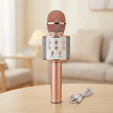 Gadgeturi - Microfon Karaoke Wireless pentru Copii cu Boxă Integrată 6W, Bluetooth 3.0, Funcții Bass, Treble și Echo, Autonomie 3-5 Ore, Design Compact și Ușor de Utilizat