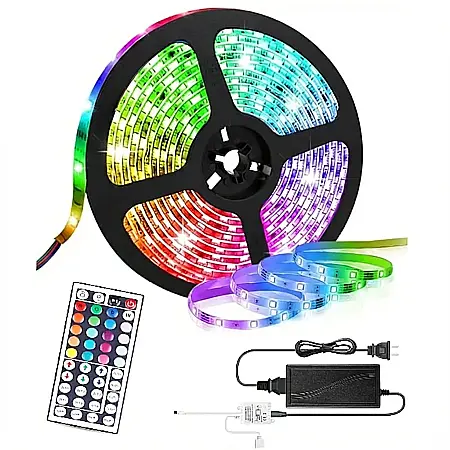 Gadgeturi - Banda LED RGB 5m 5050 cu Telecomandă – Lumini Ambientale Personalizabile, Reglabile, Consum Redus de Energie și Instalare Autoadezivă: Atmosferă Magică și Design Modern pentru Casă, Birou sau Petrecer