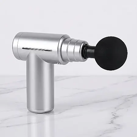 Gadgeturi - Pistol de Masaj Profesional Gun, Fără Fir, 4 Capete Interschimbabile, Vibromasaj pentru Relaxare Musculară și Recuperare, Efect Anti-Celulitic, Argintiu