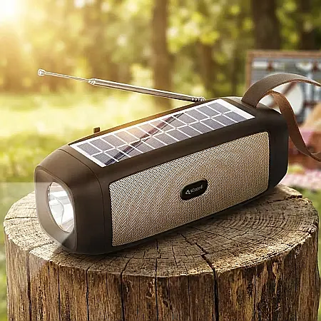 Gadgeturi - Boxă Solară Portabilă Wireless cu Lanternă – Bluetooth, Radio FM, USB, AUX și MicroSD, Baterie 2000 mAh, PMPO 15W și Autonomie 6 Ore: Muzică și Lumină Nelimitată pentru Camping, Grădină și Urgențe