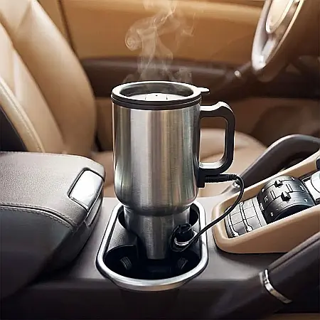 Auto - Cană Auto Termoizolantă 450 ml din Inox – Conectare la Bricheta Mașinii 12V, Pereți Dubli, Capac cu Orificiu pentru Băut și Mâner Ergonomic: Cafea și Ceai Mereu Calde în Orice Călătorie