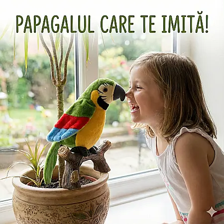 Jucării - Papagal Vorbitor de Jucărie – Multicolor, Pufos, cu Funcție de Repetare a Vocii și Mișcare a Aripilor, Buton On/Off, Agățare sau Așezare pe Suprafață