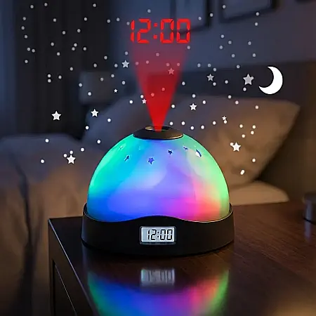 Gadgeturi - Ceas Digital cu Proiecție Ora și Stele pe Tavan – Lampă de Veghe cu LED în 3 Culori, Joc de Lumini Curcubeu, Design Rotund și Portabil: Atmosferă Magică și Somn Liniștit pentru Camera Copilului