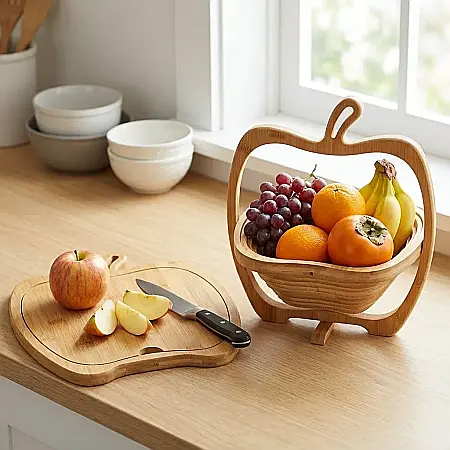 Casă & Grădină - Coș Pliabil din Bambus în Formă de Măr – Suport Multifuncțional 3-în-1 (Coș, Tocător, Suport Vase), Material Ecologic Antibacterian și Design Elegant: Stil Natural și Organizare Inteligentă pentru Buc
