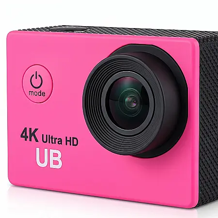 Gadgeturi - Cameră Sport 4K Ultra HD UB – Rezistentă la Apă (30m), Carcasă Roz, Unghi Larg 170°, Foto 20MP, Wi-Fi, Funcție Slow Motion, Set Complet Accesorii Montare