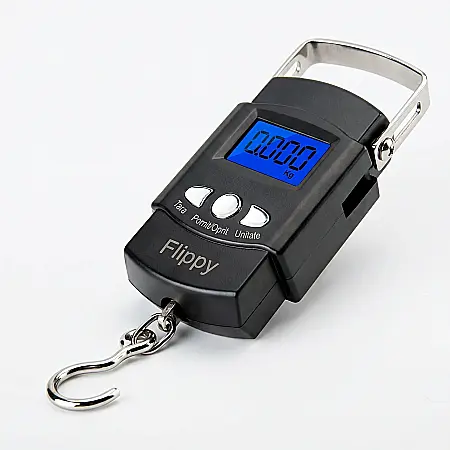 Electronice - Cântar Digital de Mână Flippy – Portabil cu Cârlig, Capacitate 50 kg, Display LCD, Metru Incorporat, Ideal pentru Pescuit, Bagaje și Uz Casnic, Dimensiuni 10,2 x 5 cm, Negru
