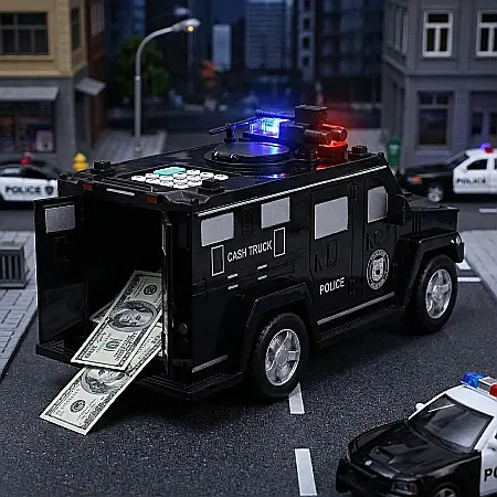 Jucării - Pusculiță Electronică Mașină Blindată de Poliție cu PIN și Recunoaștere Amprentă – Protecție Avansată, Lumini și Semnale, Depozitare Bani și Bancnote, Ideală pentru Copii, Plastic Negru, Dimensiuni 27