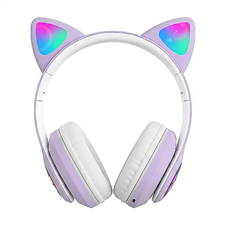 Gadgeturi - Căști Bluetooth Pliabile cu Design Pisică RGB – Versiune V5.0, Microfon Integrat, Slot Card SD, Jack 3.5 mm, Baterie 400 mAh, Autonomie 8h, Compatibile Telefon, Laptop și Tabletă, Culoare Curcubeu