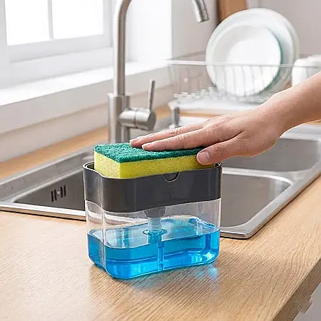 Bucătărie - Dozator Detergent Lichid 2în1 cu Suport pentru Burete – Dispenser ABS Rezistent, Pompă de Precizie Integrată, Recipient Detașabil și Design Ergonomic: Organizare Inteligentă, Igienă și Eficiență în Bu