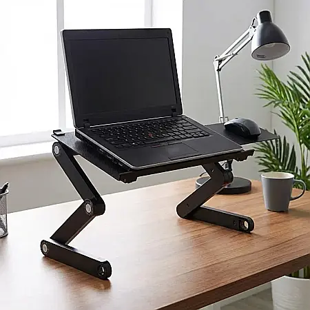 Gadgeturi - Masă Pliabilă Multifuncțională pentru Laptop T8 cu Ventilatoare USB – Reglabilă pe Înălțime și Unghi 360°, Aliaj Aluminiu-Magneziu, Suport Mouse Pad și Design Ergonomic: Confort Suprem și Răcire Efici