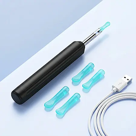 Electronice - Dispozitiv Curățare Urechi BOMSTOM – Cameră 1080P HD, 6 LED-uri, 360° Unghi, Silicon Moale, 2 Lingurițe de Schimb, Reîncărcabil USB, Negru