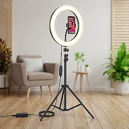 Electronice - Lampa Circulară Ring Light DLUX – Diametru 33 cm, Trepied Profesional Reglabil până la 2.1 m, Suport Telefon Universal și 3 Moduri de Lumină: Iluminare Profesională pentru Machiaj, Foto-Video și Live 