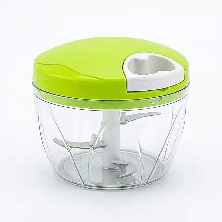 Bucătărie - Dispozitiv Manual pentru Mărunțit Fructe și Legume – 3 Lame din Inox, Bază Antiderapantă, Sistem cu Șnur și Mâner Ergonomic, 12 x 9 cm, Capac Verde/Transparent