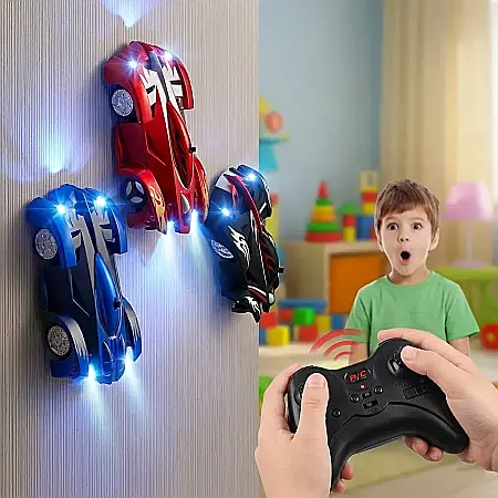 Jucării - Mașină RC Wall Climber cu Telecomandă – Funcție Vacuum pentru Perete și Tavan, Sfidează Gravitația, Reîncărcabilă USB, Control 10 m și Design Aerodinamic: Adrenalina Cursei pe Verticală pentru Copii E