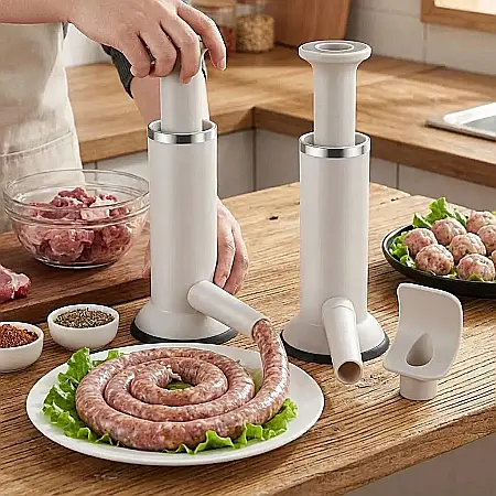 Bucătărie - Mașină de Umplut Cârnați și Chiftele – Design 2-în-1, 2 Duze de Dimensiuni Diferite, Material Alimentar PP și Oțel Inoxidabil 304: Preparate Sănătoase, Rapide și Gustoase direct în Bucătăria Ta