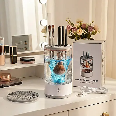 Gadgeturi - Mașină Electrică pentru Curățat Pensule de Machiaj – Sistem Rotativ 2-în-1 (Spălare și Uscare), Compatibilitate Universală, 8 Gulere Reglabile și Bol Inclus: Igienă Perfectă și Pensule ca Noi în Câtev