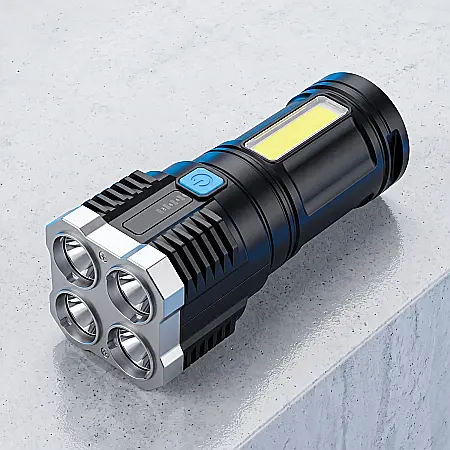 Iluminat - Lanternă Profesională Portabilă 5W – Waterproof, 4 LED + COB, Indicator Baterie, USB, 4 Moduri Iluminare, Li-Ion 1200mAh, Carcasă ABS/PVC, Negru