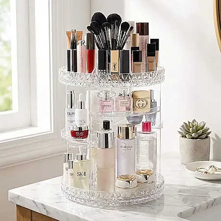 Casă & Grădină - Cutie Machiaj Rotativă 360° Transparentă – Organizator de Elită pentru Cosmetice și Bijuterii, Sistem Modular Multi-Nivel și Design Crystal-Clear: Eleganță și Organizare Desăvârșită pentru Masa ta de 