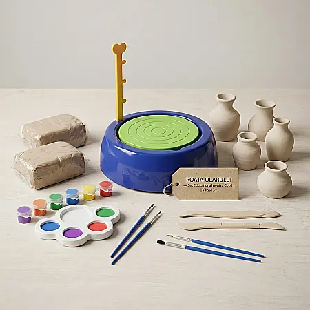 Jucării - Roata Olarului – Set Olărit Educațional pentru Copii, Jucărie Creativă și Interactivă, Stimulează Imaginația și Abilitățile Manuale, Include Lut și Accesorii Pictură