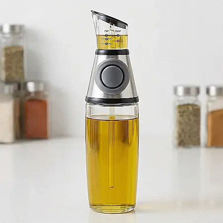 Bucătărie - Dispenser din Sticlă pentru Ulei și Oțet 500 ml – Dozaj Precis cu Butoane Silicon, Gradat în ml și Linguri, Design Ergonomic și Rezistent, Ușor de Curățat