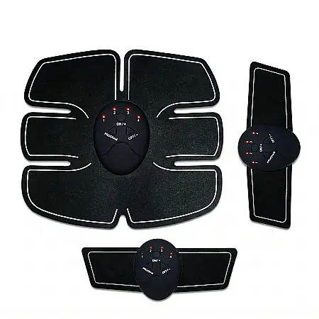 Electronice - Kit Centură Electro-Stimulare EMS – 3 Piese pentru Abdomen și Brațe, 6 Moduri de Lucru, Intensitate Reglabilă, Tonifiere Musculară și Fitness la Domiciliu, Portabil