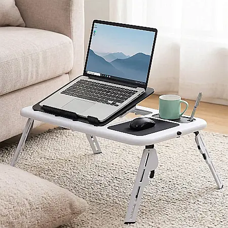 Gadgeturi - Masă Laptop Multifuncțională E-Table – Picioare Reglabile, 2 Ventilatoare Silențioase, Suport Pahar și Mousepad Integrat, Compatibilă Laptopuri 15.4 inch, Sarcină Maximă 20 kg