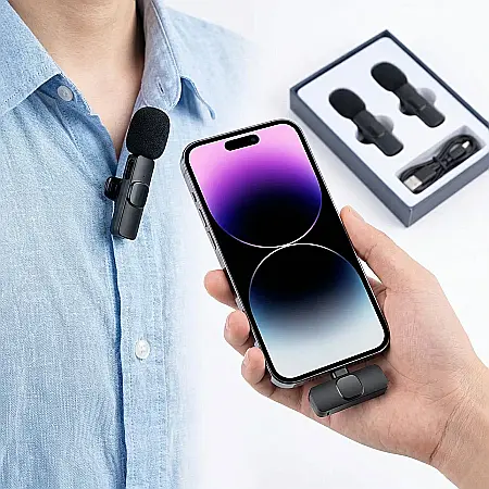 Gadgeturi - Microfon Wireless Lavalier USB-C și iPhone – Rază 20m, Anulare Zgomot Inteligentă, Plug & Play, Autonomie 6h, Compatibil Android, iOS, Laptop, Ideal pentru Vlog, Podcast și Live Streaming