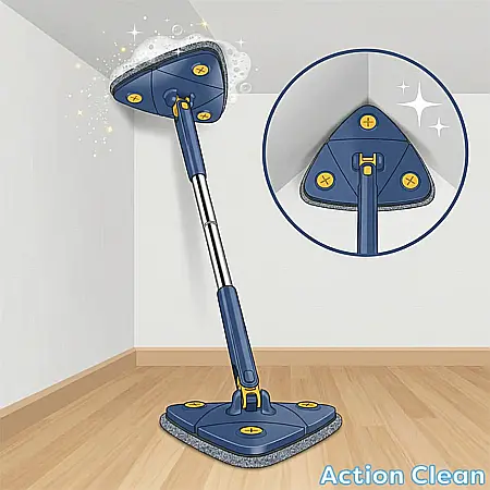 Casă & Grădină - Mop Triunghiular ActionClean cu Rotire 360° și Lavetă Rezervă – Accesoriu Multifuncțional pentru Podele, Parchet, Gresie, Geamuri și Oglinzi, Albastru, Lungime 130 cm