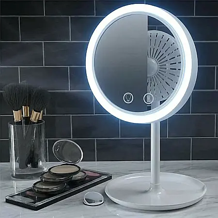 îngrijire feminină - Oglindă Cosmetică LED cu Ventilator, Funcție Touch și Zoom 5X – Înclinare 180°, Alimentare Duală USB și Baterii AA, Dimensiuni 33,5x20x17 cm, Alb