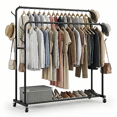 Casă & Grădină - Suport Mobil pentru Umerașe și Accesorii – Structură Metalică Rezistentă, 150x96x45 cm, Roți cu Frână, Raft Pantofi și Cuiere Laterale, Negru