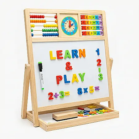 Jucării - Tabla Desen Multifuncțională pentru Copii – Set Educativ cu Tabla Neagră și Magnetică, Abac, Ceas cu Limbi Mobile și Hexagoane Matematice