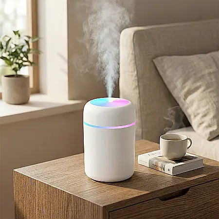 Gadgeturi - Umidificator Ultrasunete cu LED, 300mL – Difuzor Aromaterapie Portabil pentru Casă, Birou sau Mașină, Tehnologie Silențioasă, Oprire Automată, Alimentare USB, Alb