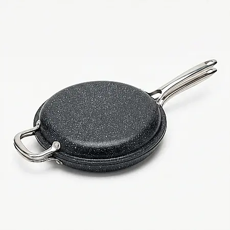Bucătărie - Tigaie Dublă pentru Clătite FOXMAG24 – Suprafață Antiaderentă Ceramică-Titan cu Infuzie de Diamante, Mânere Reci din Inox, 35x20 cm, Ideală pentru Omlete și Toast