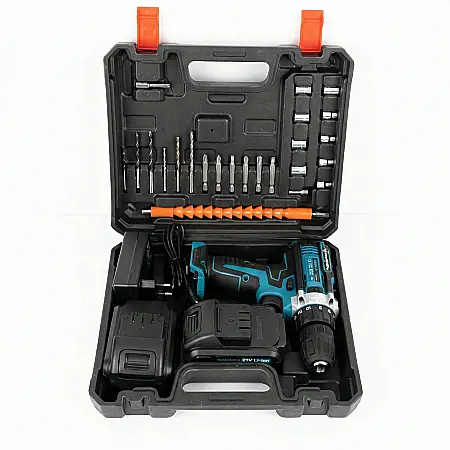 Unelte - Trusă Bormașină și Autofiletantă cu Ambreiaj – 2 Acumulatori Li-Ion 24V 3Ah, Cuplu 30Nm, 18 Trepte, 24 Accesorii, Mandrină Automată 10 mm, Valiză Transport Inclusă