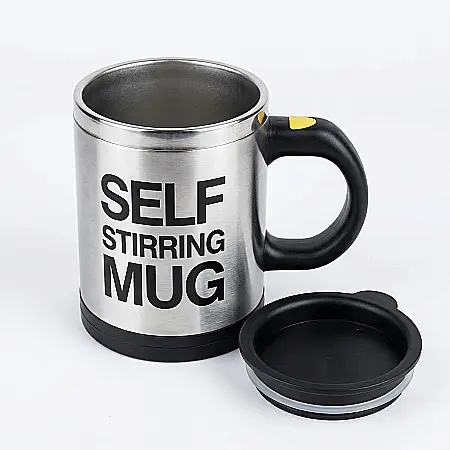 Gadgeturi - Cană Inteligentă Self Mug – Amestecare Automată, 350 ml, Mixer Incorporat, Design Elegant din Oțel Inoxidabil, Capac de Protecție, Ideală pentru Cafea, Ciocolată Caldă și Ceai, Portabilă