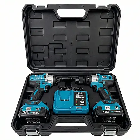 Unelte - Trusă Scule Auto cu Impact + Autofiletantă 128V, 4Ah – 2 Acumulatori Li-Ion, Cuplu 350 N.m, Mandrină 10 mm, 25 Trepte Cuplu, 2 Viteze, Valiză Transport Inclusă