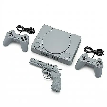 Jucării - Consolă Joc TV Retro 8-Bit cu Pistol și 2 Joystick-uri – 999.999 Jocuri Incoroporate, Suport Dischete Clasice, Conectare TV Plug & Play, Jocuri Legendare (Mario, Duck Hunt), Negru