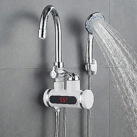 Electronice - Robinet Electric cu Încălzire Instantanee + Duș, LED, 1.5–2L/min, Reglabil 0–60°C, Prindere în Perete, Ideal pentru Bucătărie și Baie