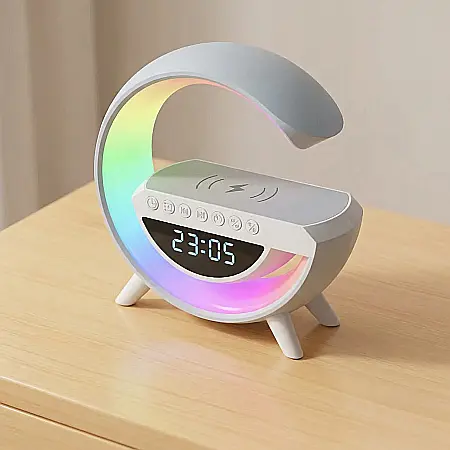 Gadgeturi - Boxă Bluetooth Multifuncțională 3 în 1 – Lampa LED RGB, Încărcător Wireless Telefon, Redare Bluetooth/AUX/USB/MicroSD, Radio FM, Alb