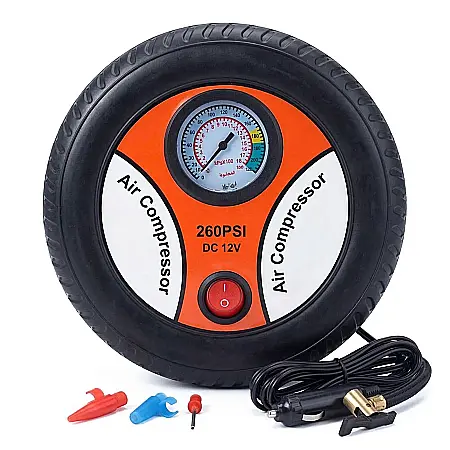 Auto - Compresor Auto Portabil 12V, Design Anvelopă, Putere 150W, Umflare Rapidă în 5 Minute, Cablu 2.8m, Include 3 Adaptoare pentru Roți, Bicicletă și Mingi