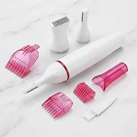 îngrijire feminină - Aparat de Ras 5 în 1 pentru Zone Sensibile – Corp, Bikini, Axilă și Față, Reîncărcabil, Wireless, 5 Capete Interșanjabile, Îngrijire Delicată și Precizie, Utilizare Uscată și Umedă