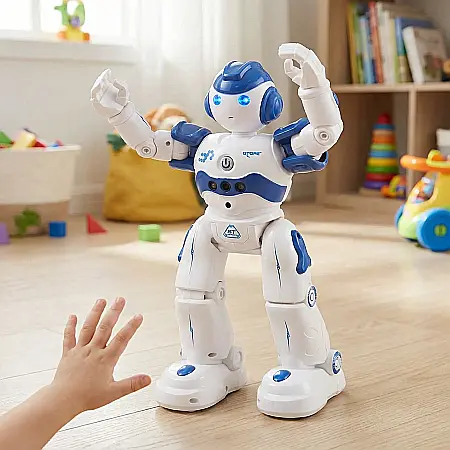 Jucării - Robot Smart SIKS Interactiv pentru Copii – Control Prin Gesturi și Telecomandă, Programabil, Dansează, Cântă, LED și Sunete, Educativ și Distractiv, Alb