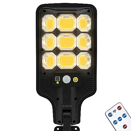 Iluminat - Lampă Stradală Solară Modernă HS-8037B – Iluminare Puternică COB, 9 LED-uri, Senzor Mișcare și Fotosensibil, Baterie 1200 mAh, Telecomandă, Rezistentă la Intemperii
