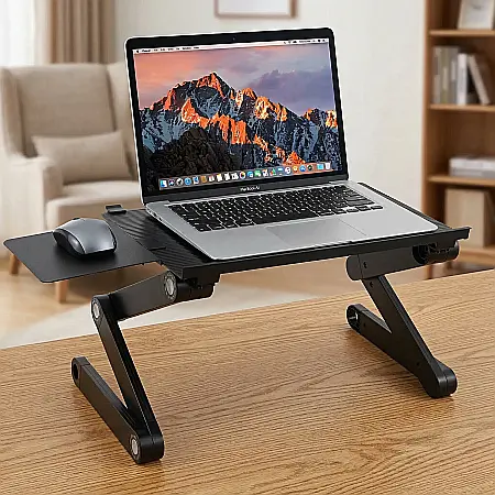 Casă & Grădină - Masă Pliabilă Multifuncțională pentru Laptop T8 – Aliaj Aluminiu-Magneziu, Reglabilă 360°, Cu 2 Ventilatoare USB, Suport Mouse, Portabilă și Ergonomică, Capacitate 10 kg