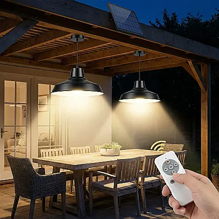 Iluminat - Set 2 Lămpi Solare Suspendate cu Abajur Metalic și Telecomandă – Putere 50W, 30 LED-uri SMD, Panou Solar 5.5V, Rezistente la Apă IP44/IP65, Autonomie 6-8 ore