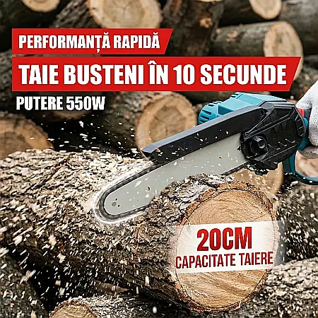 Unelte - Mini Fierăstrău cu Lanț 36V – 2 Acumulatori Li-Ion 1300mAh, Lamă 8 inch (20 cm), Motor Cupru, Design Ergonomic fără Fir, Viteză 15000 rpm, Trusă de Depozitare și Accesorii Incluse
