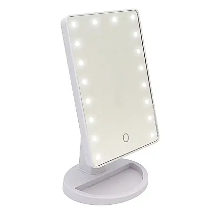 îngrijire feminină - Oglindă pentru Machiaj NAGO cu 16 LED-uri, Buton Tactil, Efect de Mărire, Rotire 180°, Bază cu Suport pentru Bijuterii, Dimensiuni 17x12x27 cm, Culoare Albă