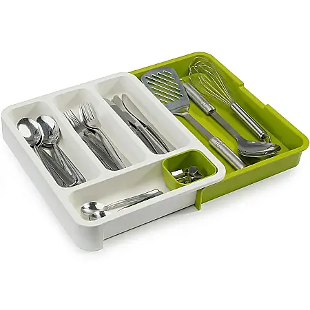 Bucătărie - Organizator Reglabil pentru Sertar Tacâmuri – Tavă Extensibilă din Plastic, 5–7 Compartimente, Dimensiune Ajustabilă 29–48 cm, Ideală pentru Bucătărie, Culoare Alb-Verde